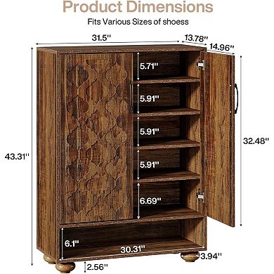6 Tier Shoe Storage Cabinet with Doors and Open Shelf for Organized Footwear and Essentials