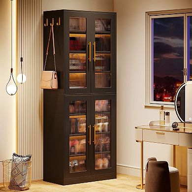 8 Tier Freestanding Shoe Storage Cabinet with LED Lighting and Side Hooks for Home Organization