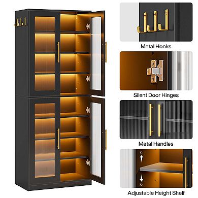 8 Tier Freestanding Shoe Storage Cabinet with LED Lighting and Side Hooks for Home Organization
