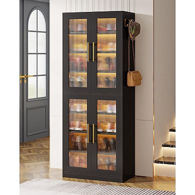 8 Tier Freestanding Shoe Storage Cabinet with LED Lighting and Side Hooks for Home Organization