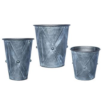 Set of 3 Round Drum Metal Planters for Indoor Outdoor Decor with Antiqued Finish