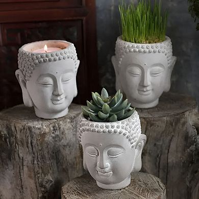 Buddha Head Planter Cement Sculpture for Indoor Succulent Vase or Candle Holder