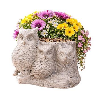 Decorative Cement Three Owl Design Planter Pot with Drain Hole for Small Plants and Succulents