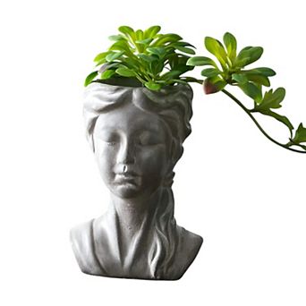 Tall Girl Face Cement Planter Pot for Tabletop Console Shelf Decorative Accent