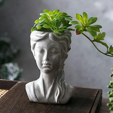 Tall Girl Face Cement Planter Pot for Tabletop Console Shelf Decorative Accent