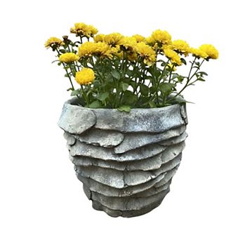 Palm Leaf Motif Cement Planter Pot for Tabletop and Covered Outdoor Plant Decor