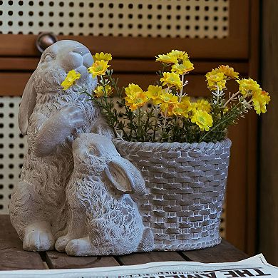 Rabbit Figurine Cement Planter Pot with Drainage for Small Plants and Tabletop Decor