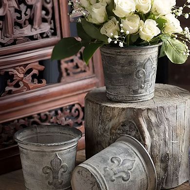 Metal Embossed Flower Pot, Zinc Finish Small Planter for Succulents Table Shelf Decor