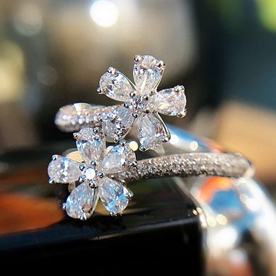 Rhinestone Flower Ring for Women Adjustable Cubic Zirconia Cocktail Ring