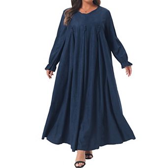 Women's Plus Size Dress Faux Suede Crew Neck Pleated Long Sleeves Flowy A Line Maxi Long Dresses