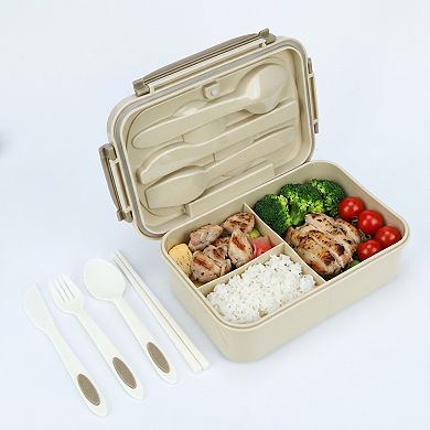 Bento Box Adult Lunch Box, 3-Compartment Leak-Proof Meal Prep Container with Utensils