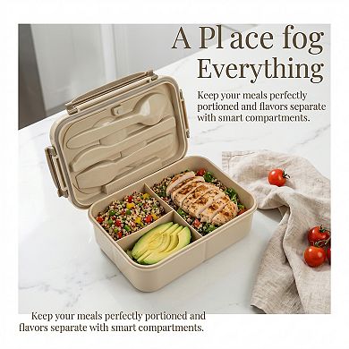 Bento Box Adult Lunch Box, 3-Compartment Leak-Proof Meal Prep Container with Utensils
