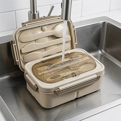 Bento Box Adult Lunch Box, 3-Compartment Leak-Proof Meal Prep Container with Utensils