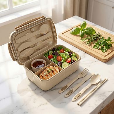 Bento Box Adult Lunch Box, 3-Compartment Leak-Proof Meal Prep Container with Utensils