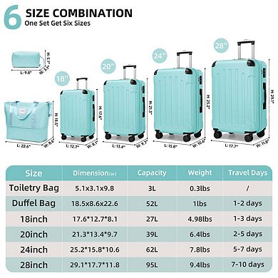 6 Piece Luggage Set with Spinner Wheels, Travel Duffle & Toiletry Bag