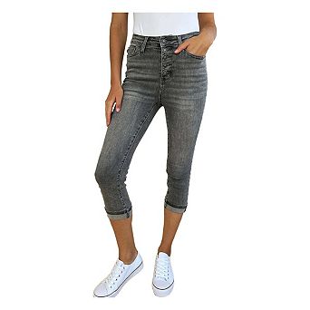 Full Size Button Fly High Waist Cuffed Capris