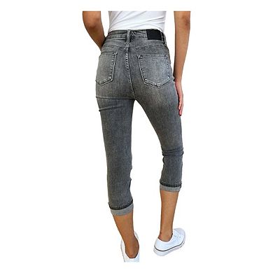 Full Size Button Fly High Waist Cuffed Capris
