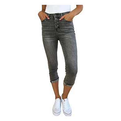 Full Size Button Fly High Waist Cuffed Capris