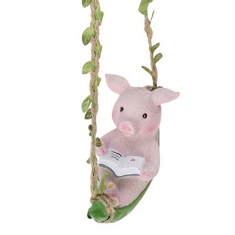 1 pc Garden Statue Miniature Pig on Swing Statue Outdoor Statue Pink