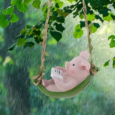 1Pc Garden Statue Miniature Pig on Swing Statue Outdoor Statue Pink