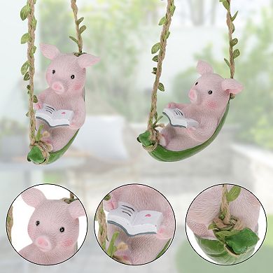 1Pc Garden Statue Miniature Pig on Swing Statue Outdoor Statue Pink