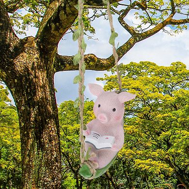 1Pc Garden Statue Miniature Pig on Swing Statue Outdoor Statue Pink