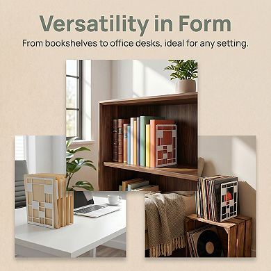 Modern Geometric Metal Bookends Decorative Book Ends for Shelves Non Skid Book Stopper 2Pcs
