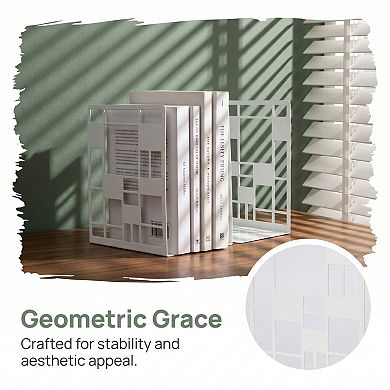 Modern Geometric Metal Bookends Decorative Book Ends for Shelves Non Skid Book Stopper 2Pcs