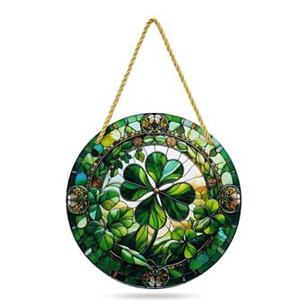 Acrylic Shamrock Lucky Sign Green Four Leaf Hanging Wall Decor Modern Round Plaque 5.9"H