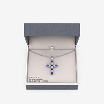 RADIANT GEM Plated 1/10 Carat T.W. Round Lab-Grown Diamond & Simulated Sapphire Cross Pendant Necklace