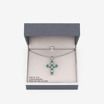 RADIANT GEM Plated 1/10 Carat T.W. Lab-Grown Diamond & Simulated Emerald Cross Pendant Necklace