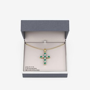 RADIANT GEM Plated 1/10 Carat T.W. Lab-Grown Diamond & Simulated Emerald Cross Pendant Necklace
