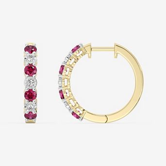 RADIANT GEM 1/10 Carat T.W. Lab-Grown Diamond & Simulated Ruby Huggie Hoop Earrings