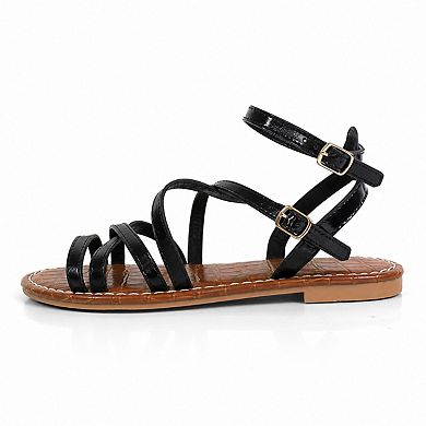 Clarissa-27 Multi Strap Ankle Buckle Flat Sandals