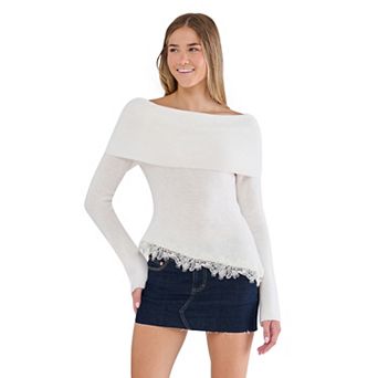 Juniors' madden girl Long Sleeve Lace Trim Marylyn Neck Sweater