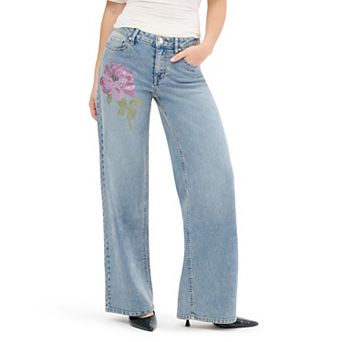 Juniors' madden girl ULTRA 90 Wide-Leg Rhinestone Floral Back Elastic Jeans