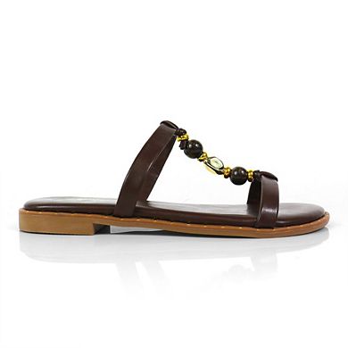 Harrods-1 Beaded Double Strap Flat Slide Sandals