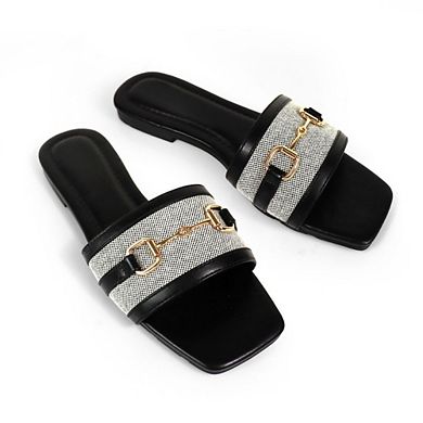 Kyra-6 Textured Upper Horsebit Accent Open Toe Slide Sandals