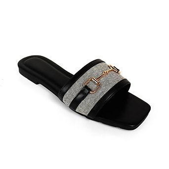 Kyra-6 Textured Upper Horsebit Accent Open Toe Slide Sandals