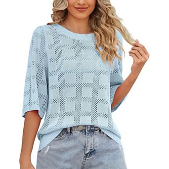Women's Summer Knit Top Casual Crew Neck Hollow Out Short Sleeve Sweater
