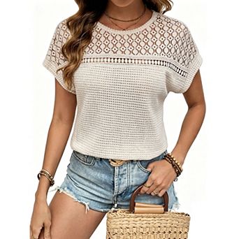 Women's Short Sleeve Sweater Lightweight Summer Crochet Knit Tops