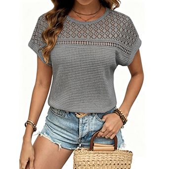 Women's Short Sleeve Sweater Lightweight Summer Crochet Knit Tops