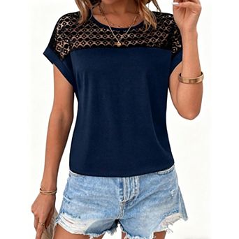 Women's Short Sleeve Crew Neck Hollow Out Blouse for Daily Wear
