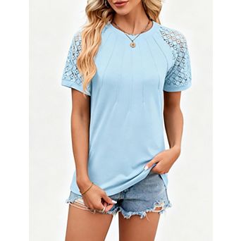 Women's Short Sleeve Blouse Crew Neck Pleated Front Top for Daily Wear