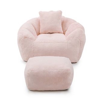 Aoolive Giant Bean Bag Chair with Footstool for Adults and Kids,Faux Fur Shell-Shaped Accent Sofa