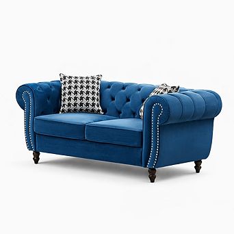 GOMYHOME 65" Velvet Chesterfield Loveseat Sofa with Rolled Arms, Blue