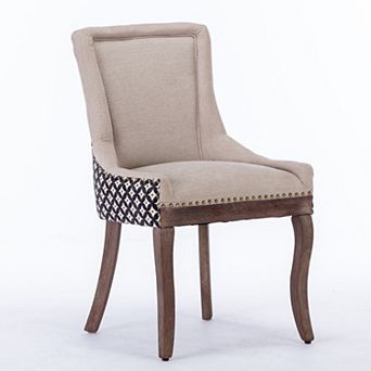 GOMYHOME Upholstered Dining Side Chair (Set of 2) w/ Nailhead Trim, Geometric Print Back, Beige