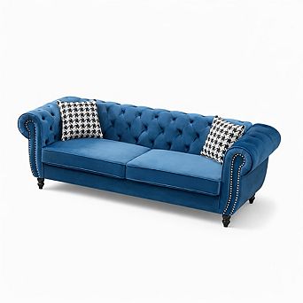 GOMYHOME 85" Chesterfield Velvet Sofa 3-Seater Rolled Arms Wood Frame Blue