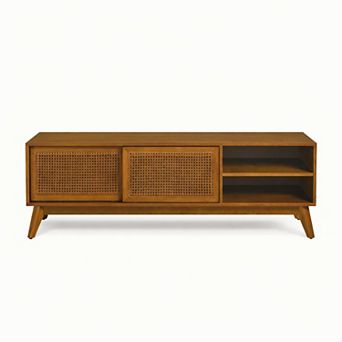 GOMYHOME 59" Mid-Century Modern Rattan TV Stand, Media Console for TVs up to 65", Brown