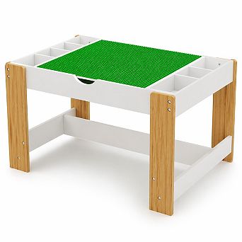 GOMYHOME Kids 2-in-1 Activity Table with Storage, MDF LEGO Compatible Play Table, White/Green